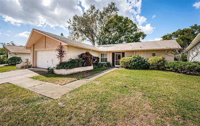 ranch-style home with a front lawn, a garage, driveway, and stucco siding