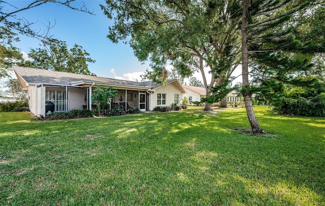 rear view of house with a yard and stucco siding