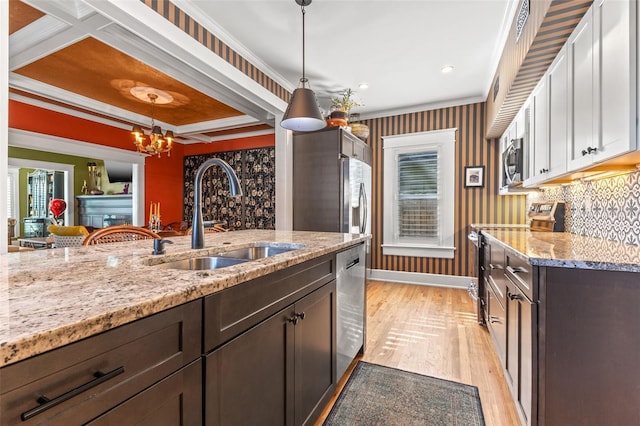 kitchen featuring light hardwood / wood-style flooring, hanging light fixtures, dark brown cabinets, stainless steel appliances, and sink