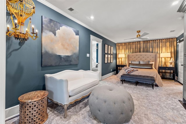 carpeted bedroom with crown molding and ceiling fan with notable chandelier