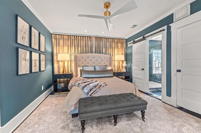 bedroom with crown molding, a barn door, and ceiling fan