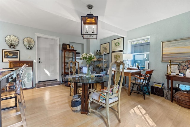 dining room with light hardwood / wood-style floors and a chandelier