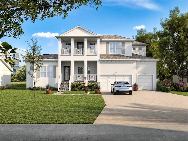 view of front of property with a garage, a front yard, and a balcony