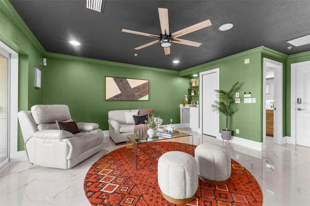 living room featuring crown molding, a textured ceiling, and ceiling fan