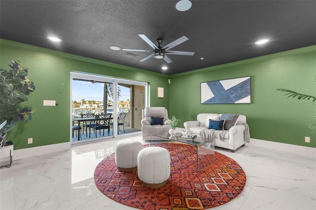 living room featuring crown molding, a textured ceiling, a water view, and ceiling fan