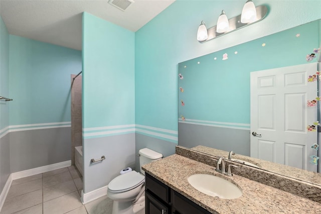 full bathroom with vanity, shower / tub combination, tile patterned floors, and toilet