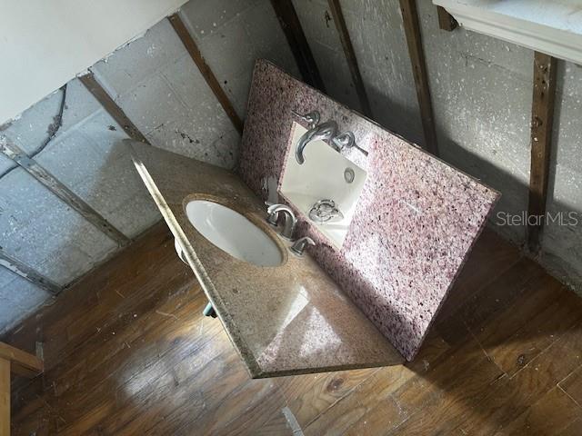 bathroom with vanity and hardwood / wood-style flooring