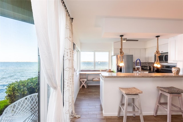 kitchen featuring decorative backsplash, white cabinets, dark wood-type flooring, stainless steel appliances, and a water view