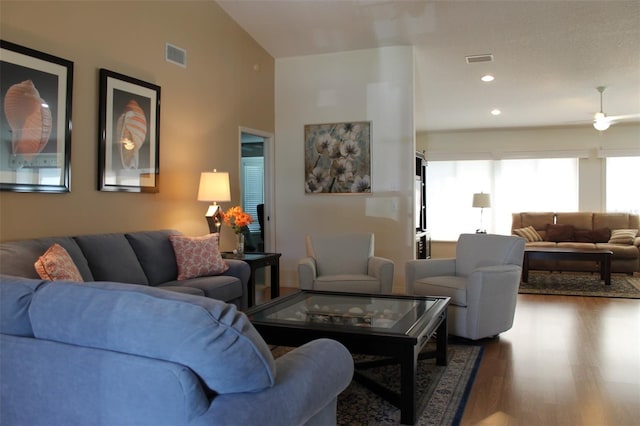 living room with high vaulted ceiling and dark hardwood / wood-style flooring