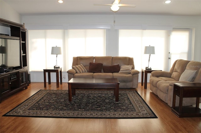 living room featuring a healthy amount of sunlight, wood-type flooring, and ceiling fan