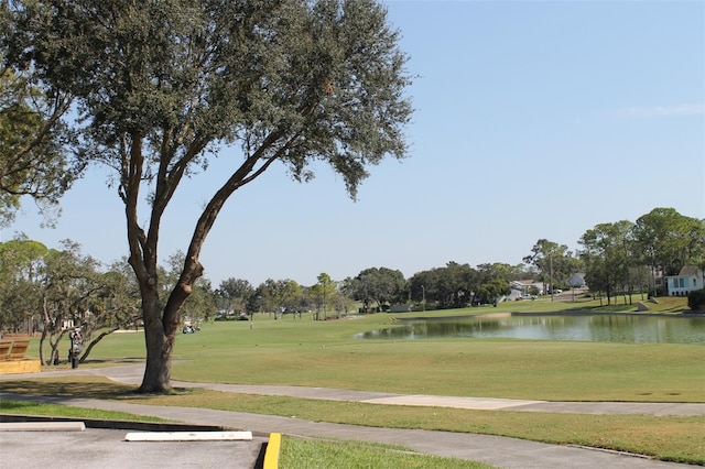 view of home's community with a water view and a lawn