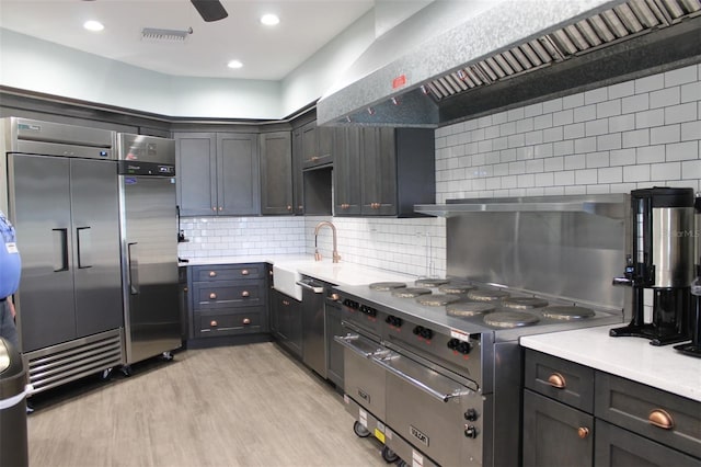 kitchen with wall chimney range hood, sink, light wood-type flooring, backsplash, and high end appliances