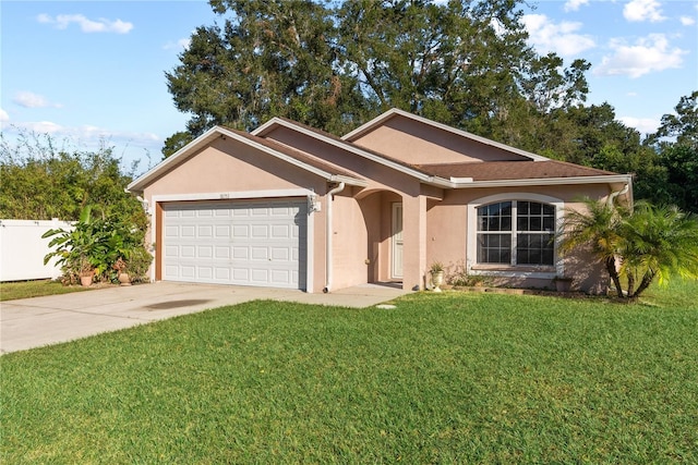 ranch-style house with a front yard and a garage