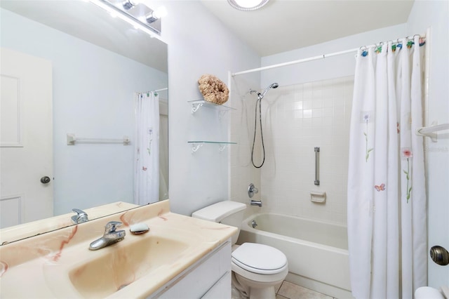 full bathroom featuring toilet, shower / tub combo with curtain, vanity, and tile patterned flooring