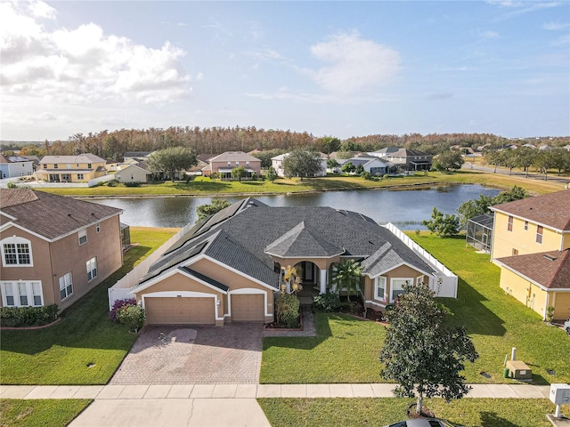 aerial view featuring a water view