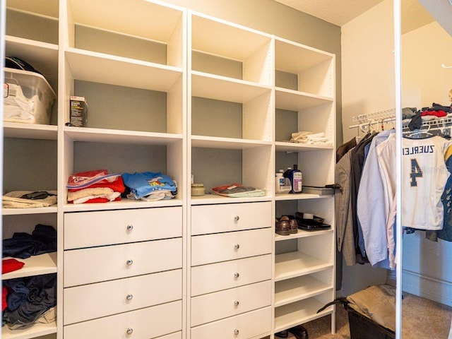 walk in closet with carpet floors