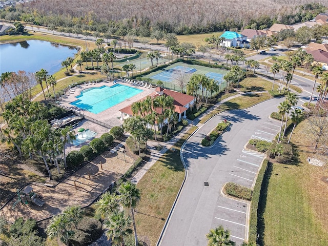 bird's eye view with a water view