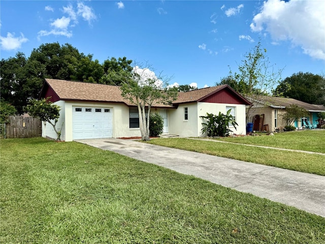 single story home with a garage and a front yard