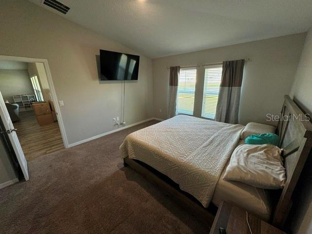 bedroom with carpet floors and vaulted ceiling