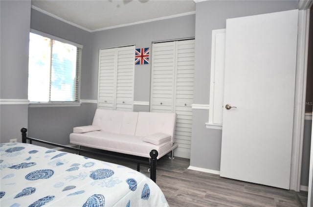 bedroom featuring wood-type flooring, crown molding, and a closet