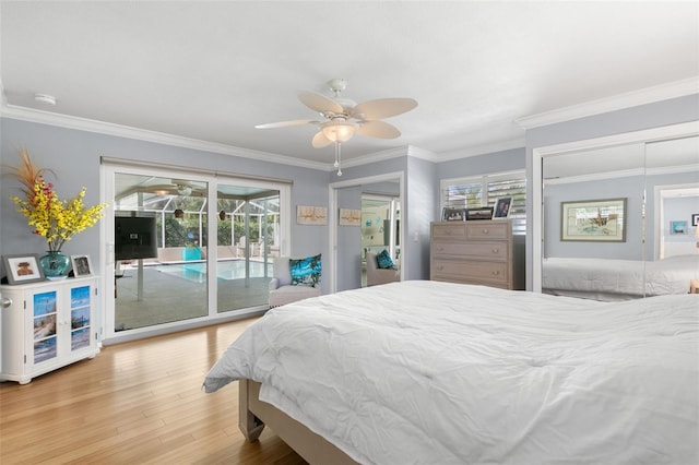 bedroom with ceiling fan, crown molding, access to outside, and multiple windows