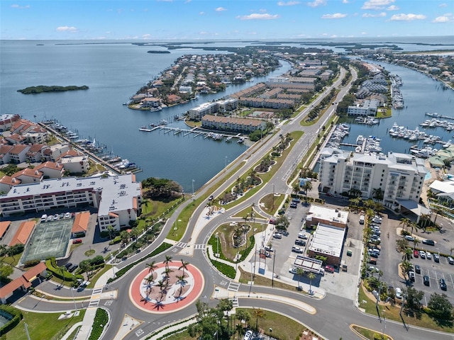 bird's eye view with a water view