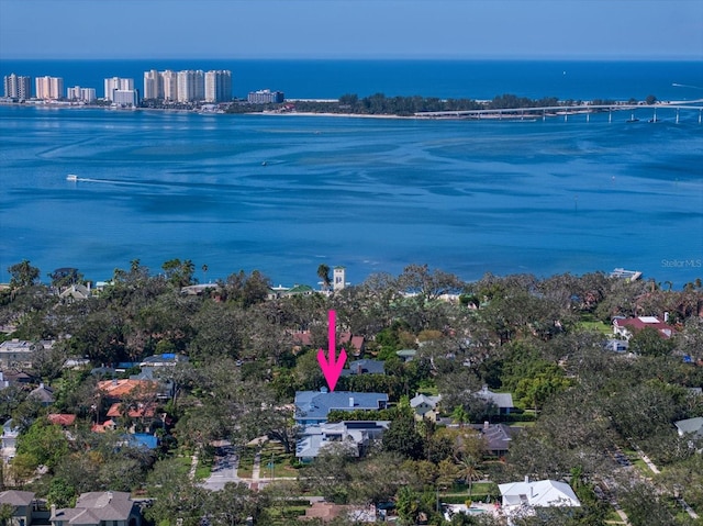 aerial view featuring a water view