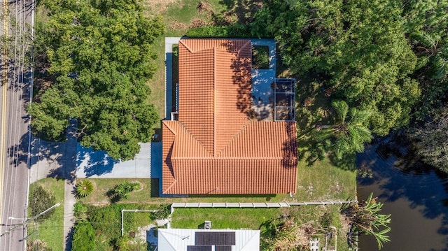 drone / aerial view featuring a water view