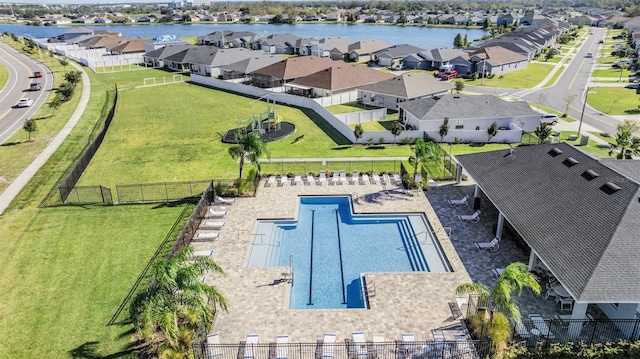 drone / aerial view featuring a water view