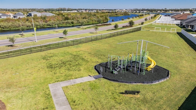 drone / aerial view with a water view