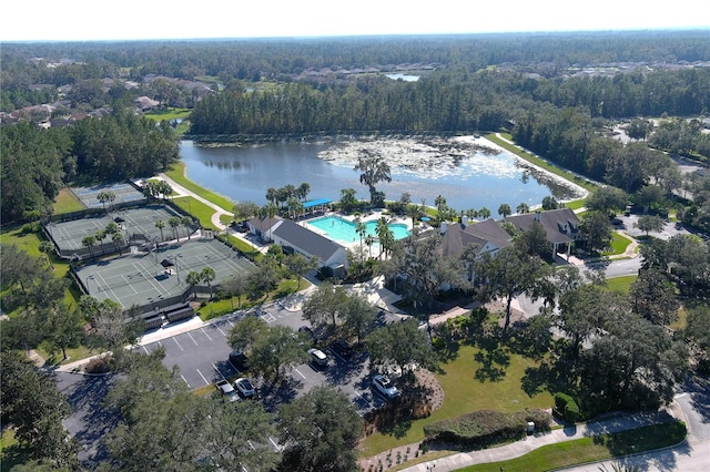 drone / aerial view featuring a water view