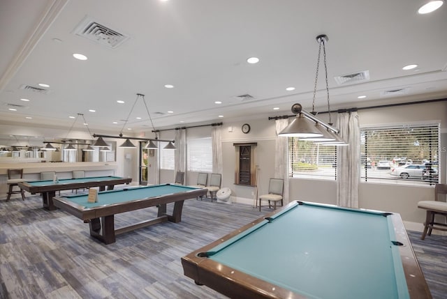 game room with hardwood / wood-style floors and billiards