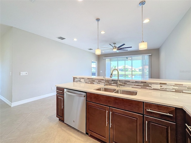 kitchen featuring backsplash, stainless steel dishwasher, ceiling fan, sink, and hanging light fixtures