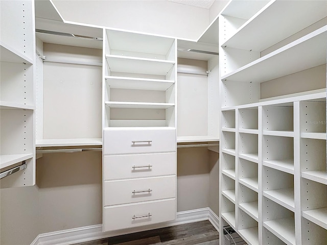 spacious closet with dark hardwood / wood-style floors