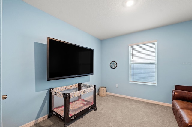 sitting room featuring light carpet