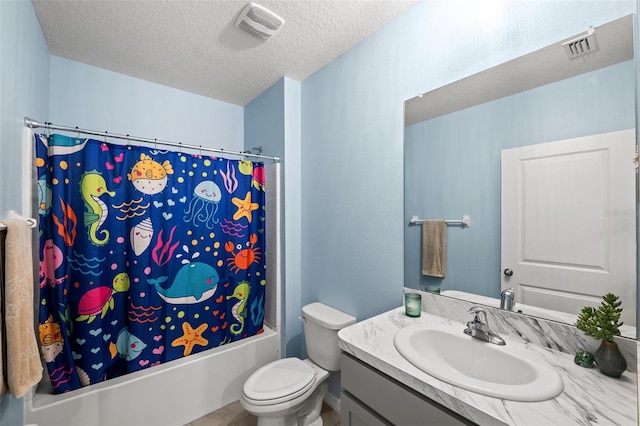 full bathroom with toilet, vanity, a textured ceiling, and shower / bathtub combination with curtain