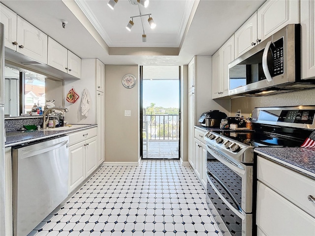 kitchen with sink, white cabinetry, ornamental molding, a tray ceiling, and stainless steel appliances