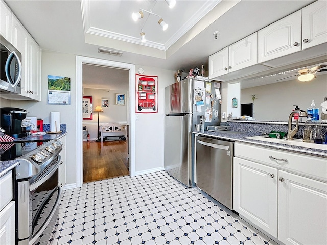 kitchen featuring white cabinetry, appliances with stainless steel finishes, a tray ceiling, and sink