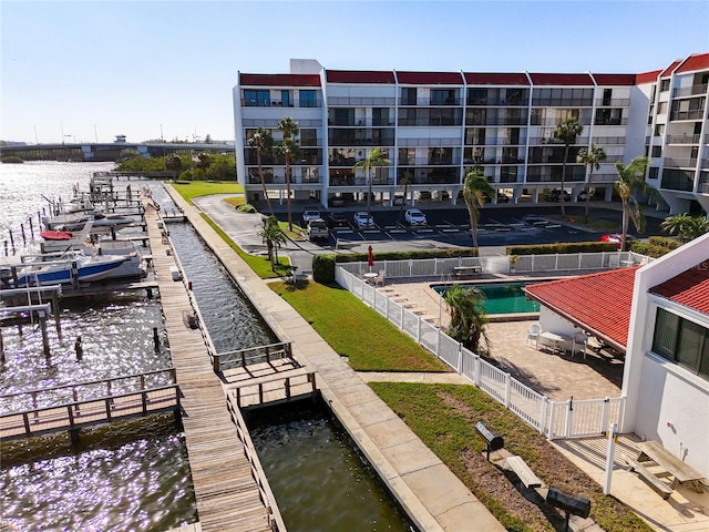 exterior space with a water view