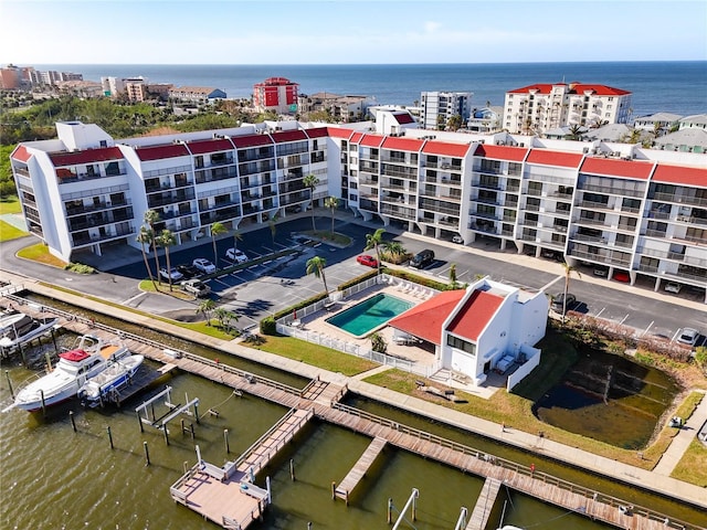 bird's eye view with a water view