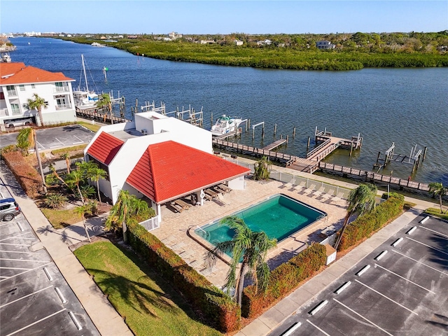 bird's eye view with a water view