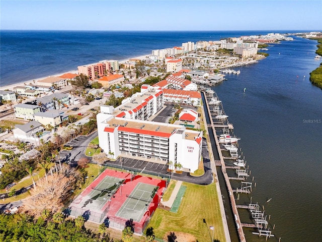 bird's eye view with a water view