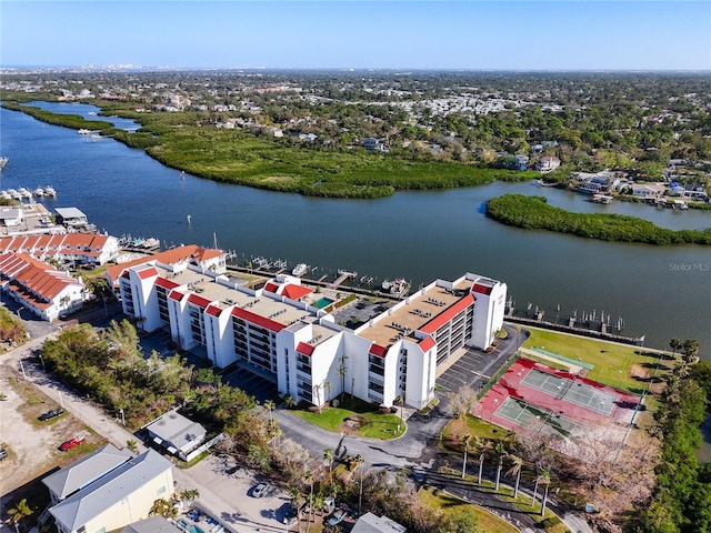 drone / aerial view with a water view