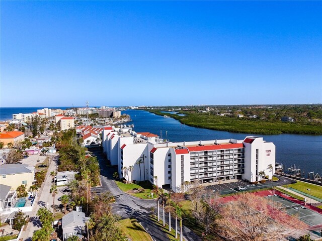 bird's eye view with a water view