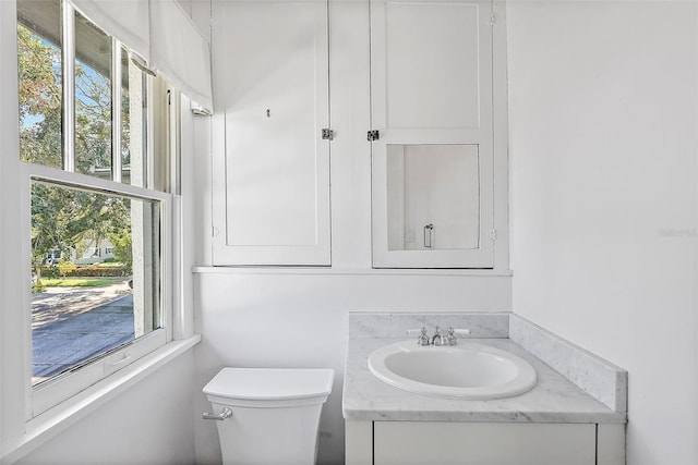 bathroom with toilet, vanity, and a wealth of natural light