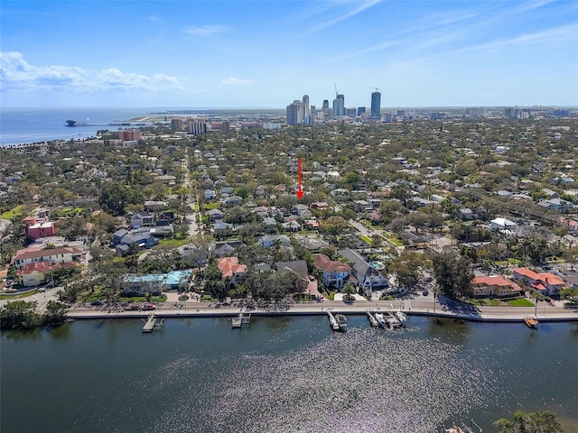 drone / aerial view with a water view and a city view