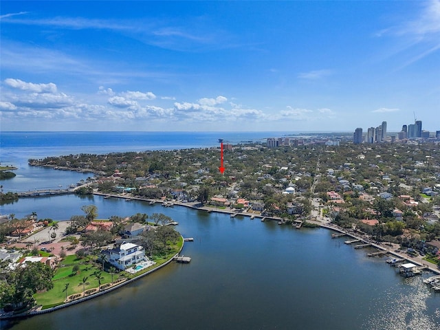 aerial view with a water view and a city view