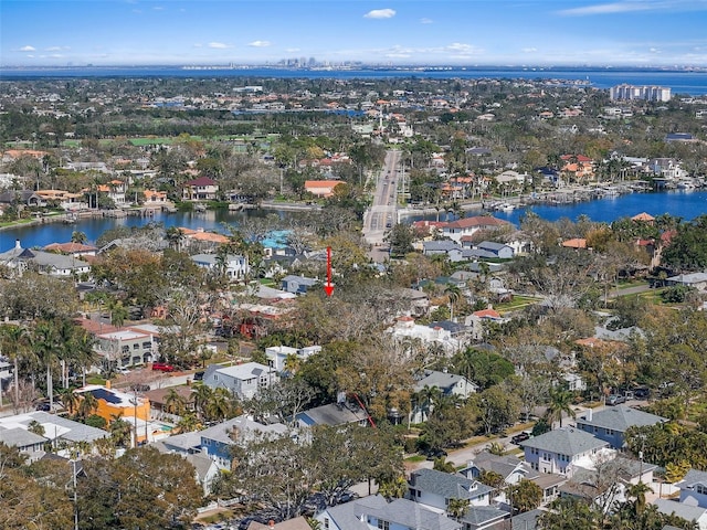 aerial view with a water view and a residential view