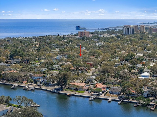 aerial view with a water view and a residential view