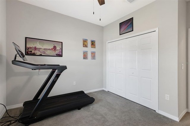 exercise room featuring carpet floors and ceiling fan